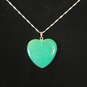 Vintage Apple Green Jade Heart Pendant on 18inch Silver Singapore Chain